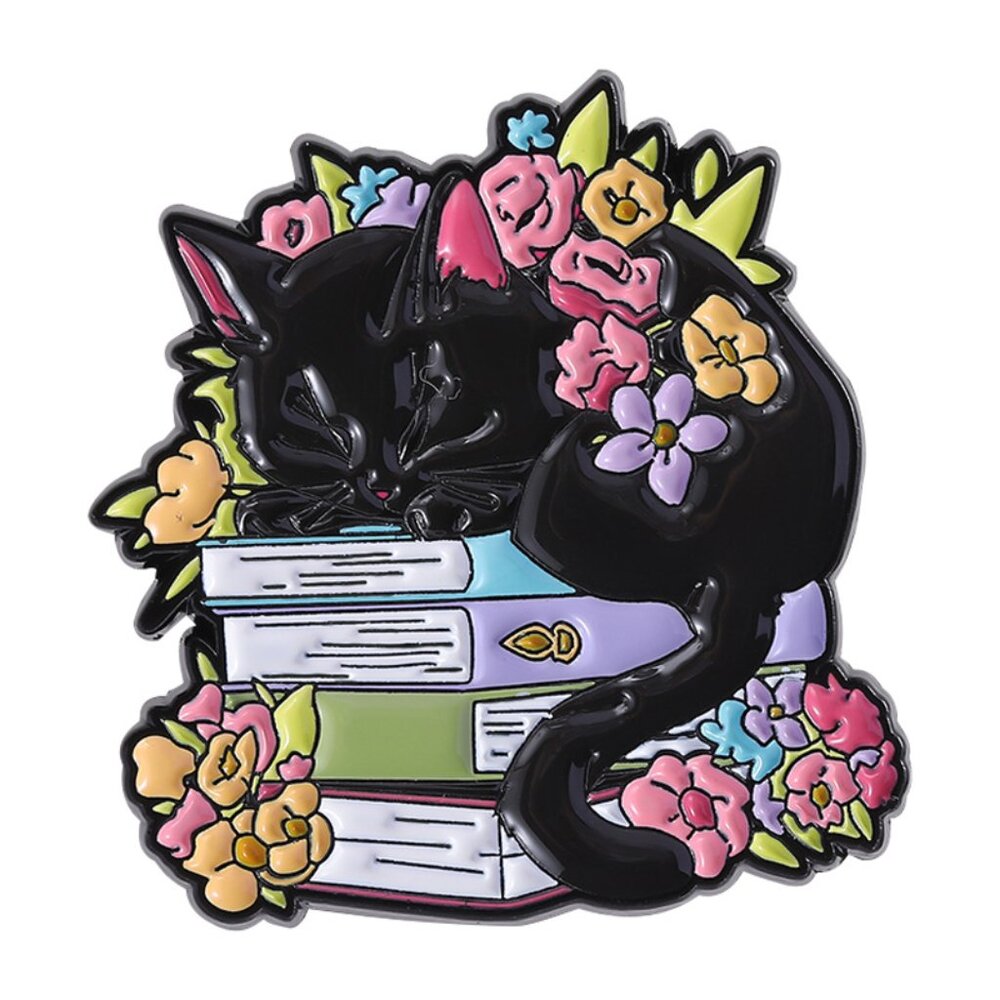 Sleeping Black Cat Book Stack Enamel Pin Floral